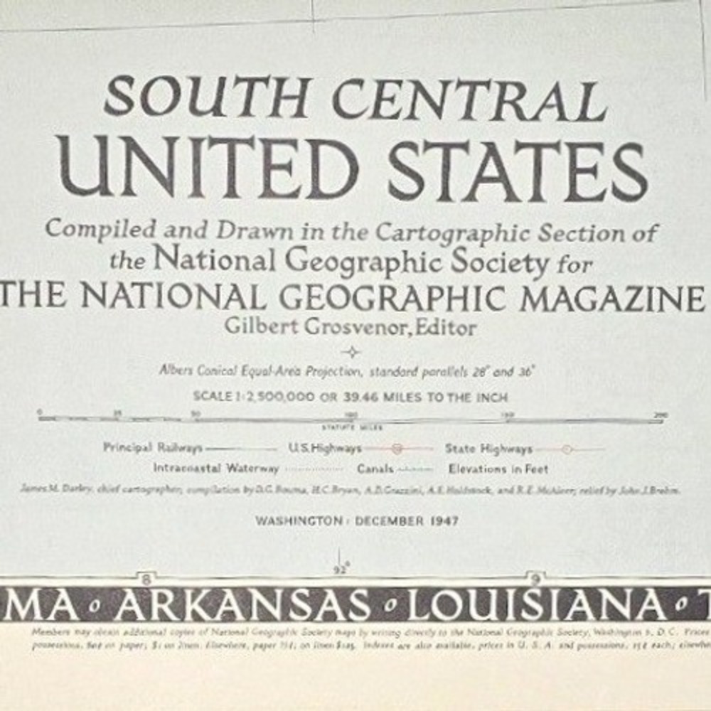 Vintage 1947 National Geographic South Central United States Map FOLDED SHARP